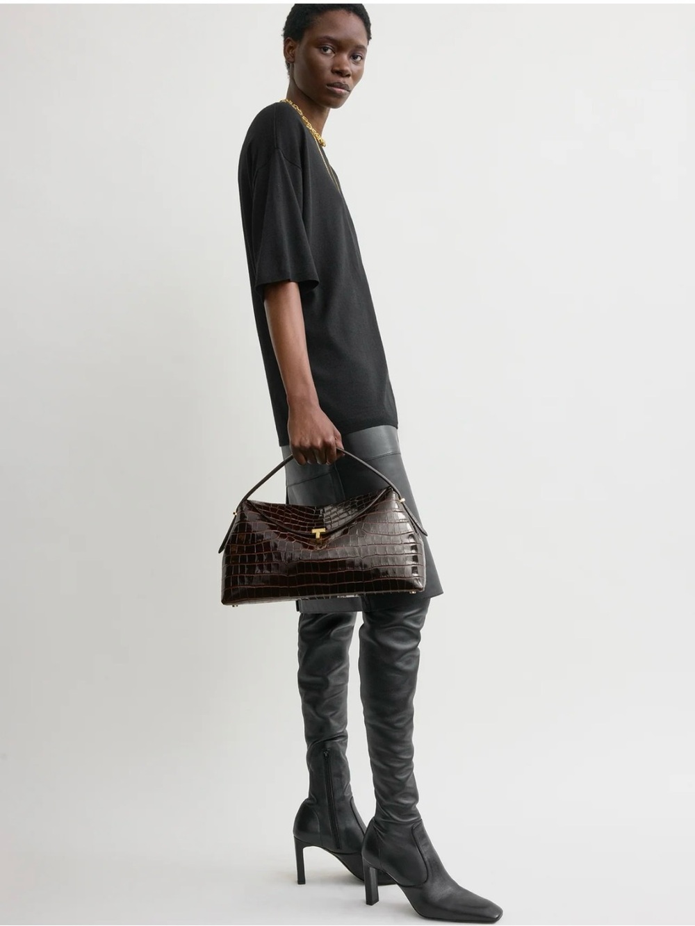 Toteme Dark Brown Croc-Embossed Shoulder Bag with Gold Hardware - Picture 3 of 5